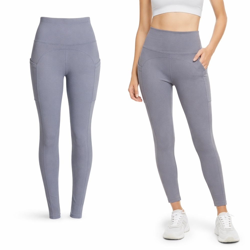 Zella | Gray Ribbed Leggings High Waist 7/8 Length Pockets | Size S | NWT